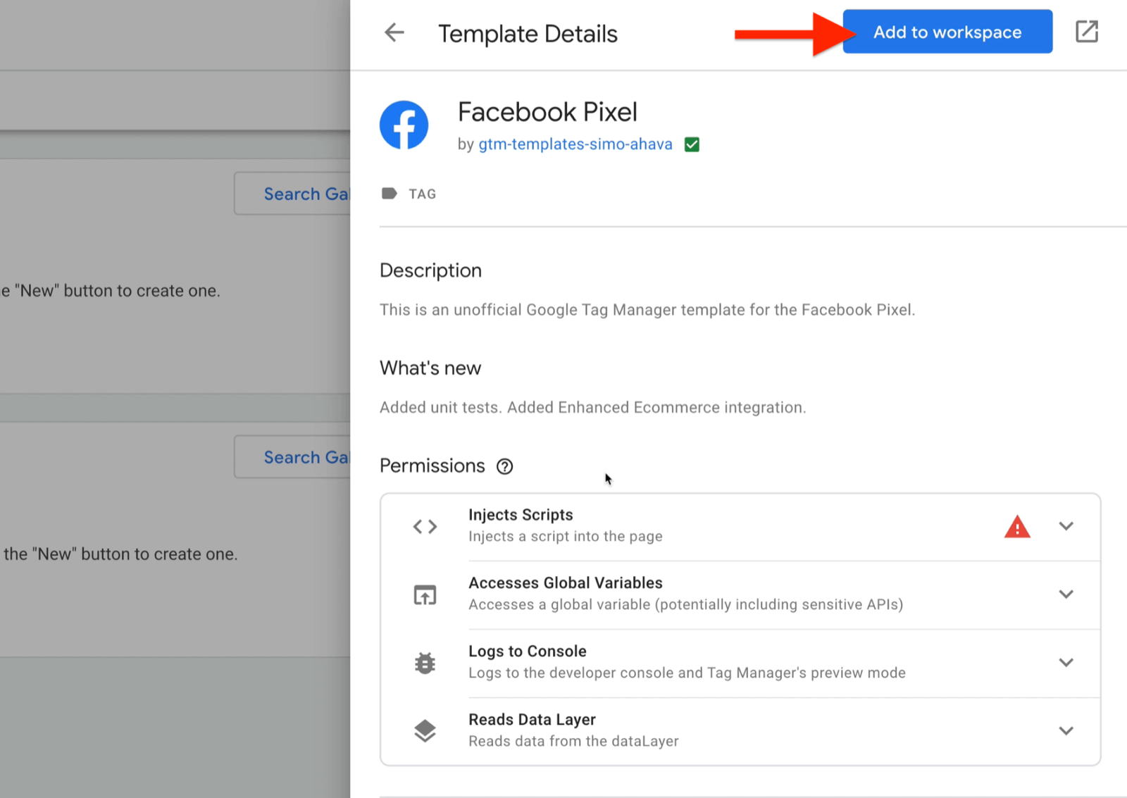 facebook pixel template details page with description, what's new, and permissions with add to workspace button highlighted