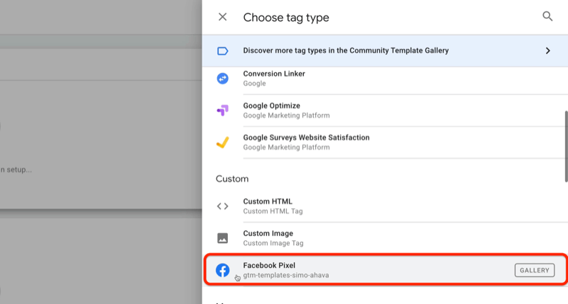 example google tag manager new tag with the choose tag type menu and the facebook pixel option highlighted under the custom section