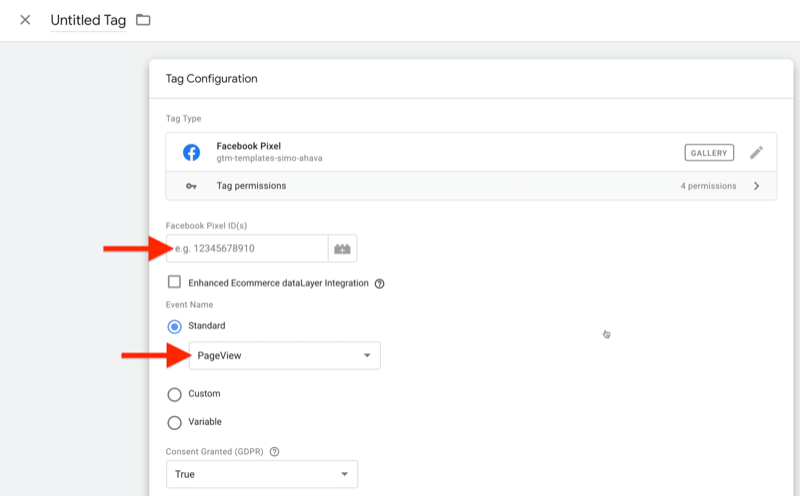 example google tag manager new tag configuration with tag type set to facebook pixel, and the facebook pixel id field highlighted, along with event name selected as standard and set to pageview