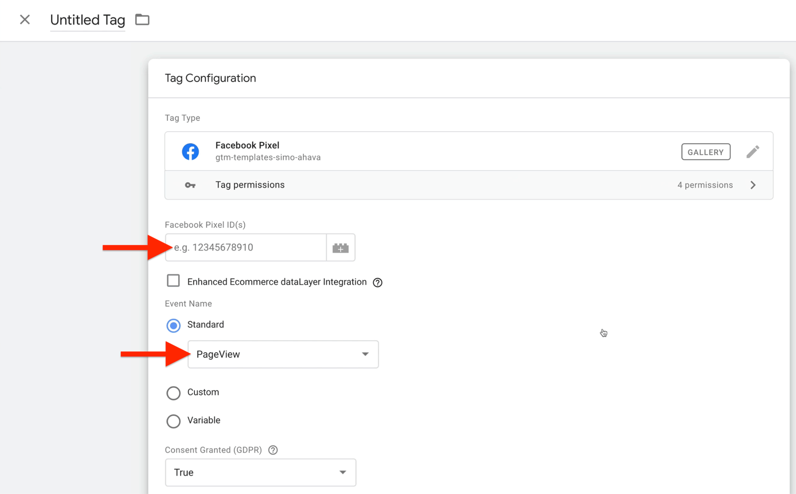 example google tag manager new tag configuration with tag type set to facebook pixel, and the facebook pixel id field highlighted, along with event name selected as standard and set to pageview