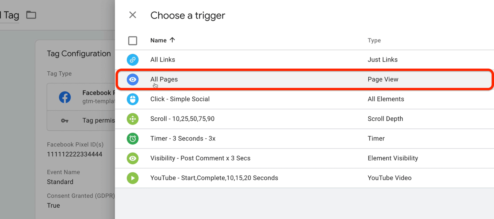google tag manager new tag with choose a trigger menu options with all pages selected and highlighted