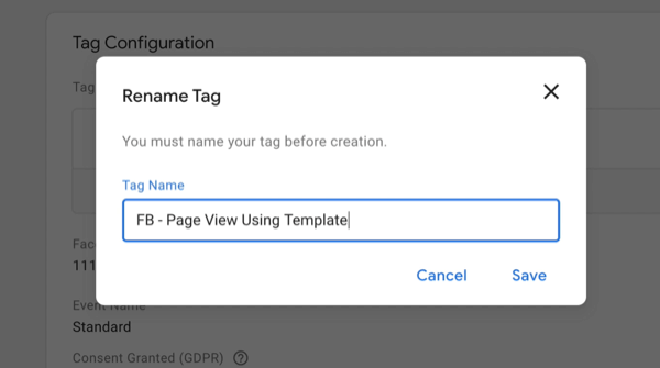 new google tag manager new tag with rename tag menu options with the new tag name entered as 'fb - page view using template'