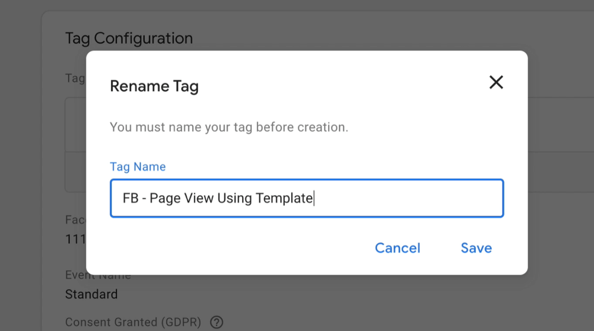 new google tag manager new tag with rename tag menu options with the new tag name entered as 'fb - page view using template'
