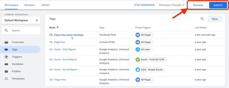 example google tag manager dashboard workspace with tags selected and several example tags shown with preview and submit buttons highlighted on the top right