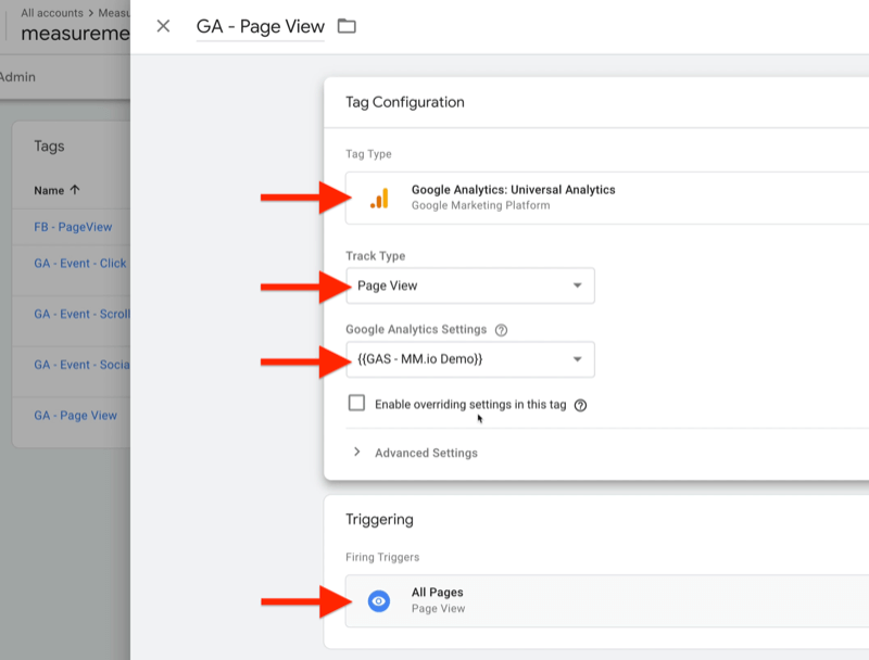 example google tag manager tag configuration called ga - page view with tag type set to google analytics: universal analytics, track type as page view, google analytics settings as {{gas - mm.io demo}}, with firing triggers set to all pages