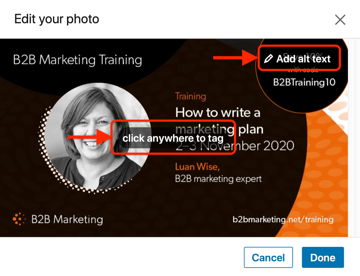 example linkedin edit your photo post highlighting the options to click anywhere to tag and add alt text