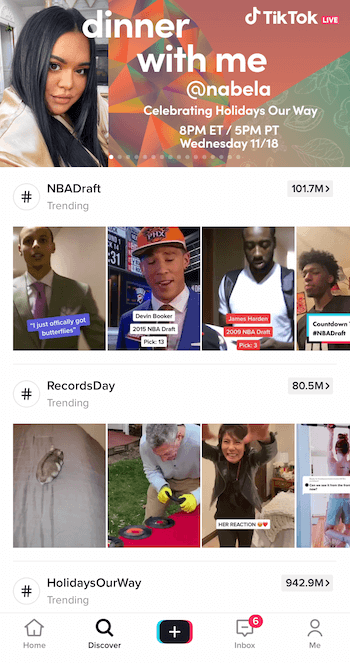 screenshot of tiktok app discover tab showing live and trending content in a carousel format at the top of the screen, with trending hashtags and videos for each, appearing in a feed below