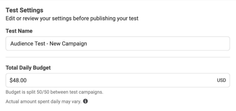 Facebook ads test daily budget