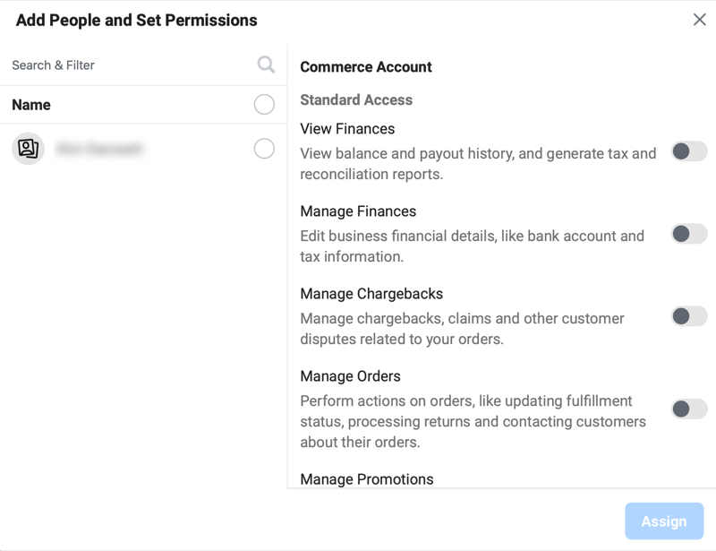 Accounts permissions. Commerce Manager Facebook.