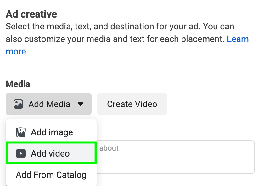 image of Add Video option during Instagram ad setup