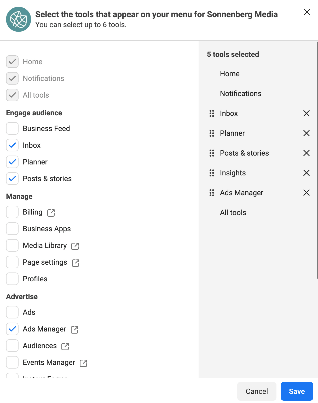 personalizar a lista de ferramentas do Meta Business Suite