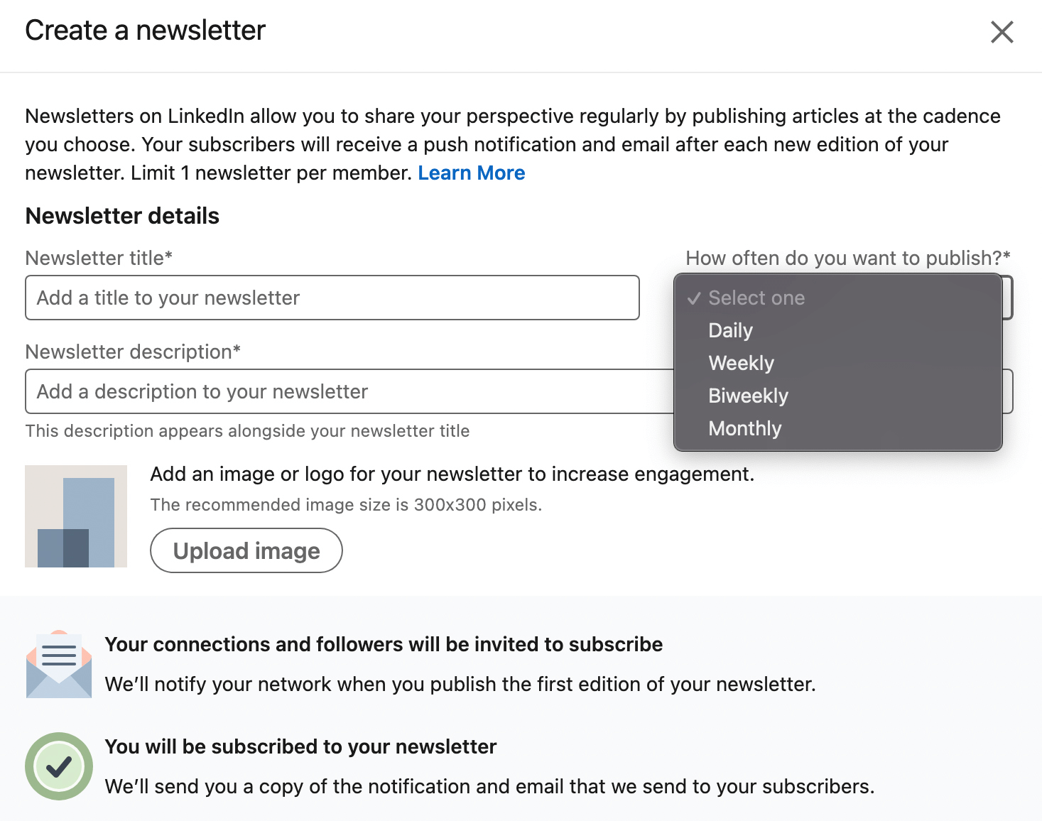 image for Create a Newsletter window in LinkedIn Creator mode