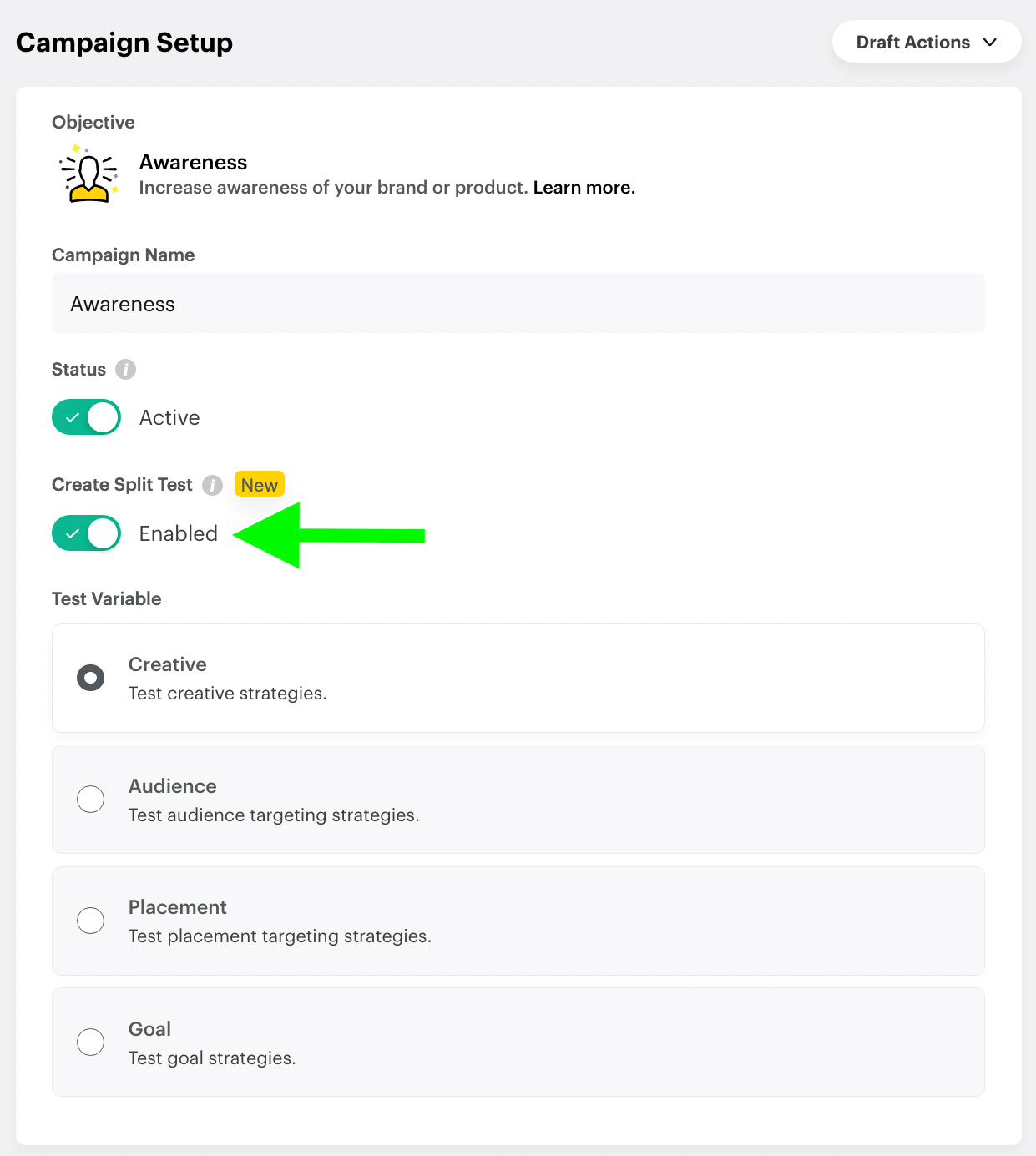 set up Snap split test via Advanced Create Step 1