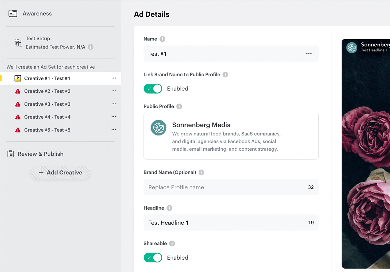 set up Snap split test via Advanced Create Step 2