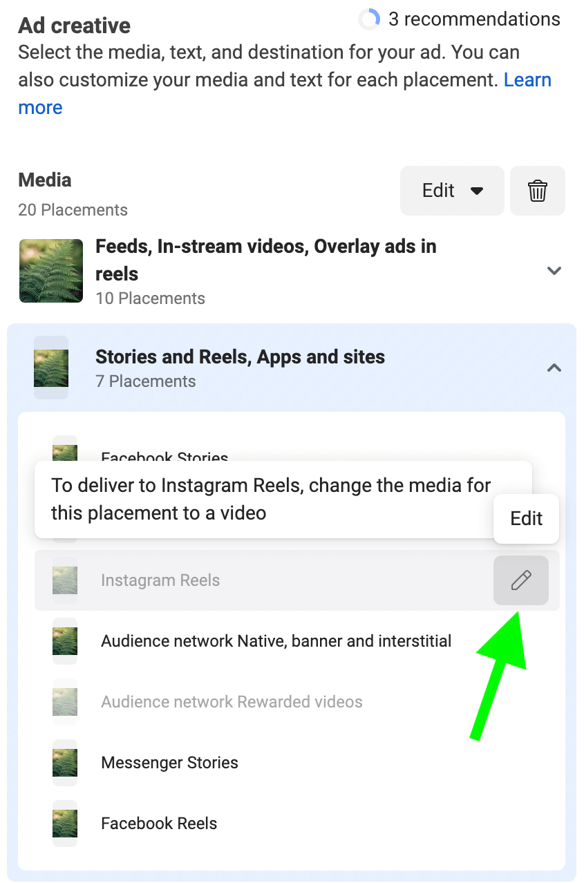 image of Edit button in Ad Creative section of Meta Ads Manager