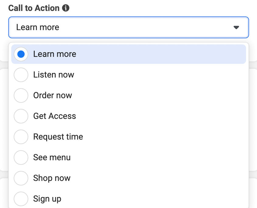image of Call to Action button options in Meta Ads Manager