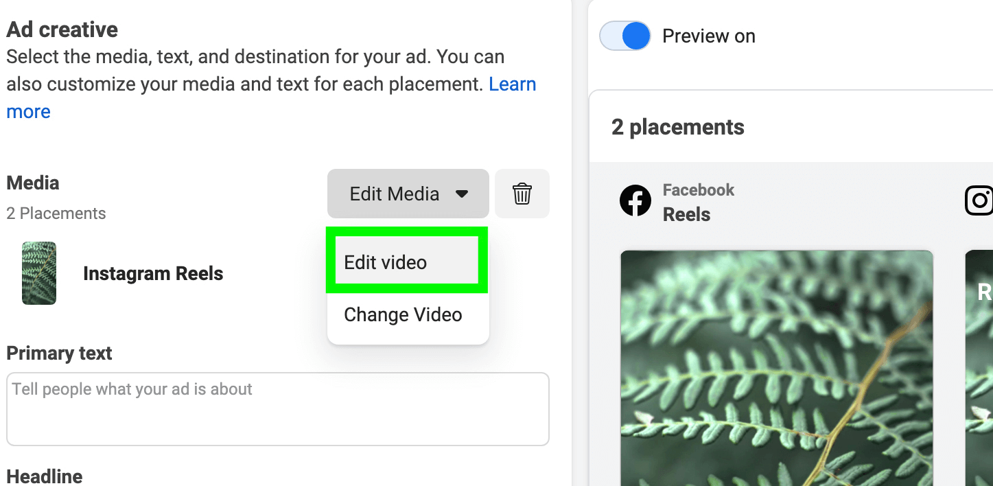 image of option to Edit Video for Instagram Reels ad placement