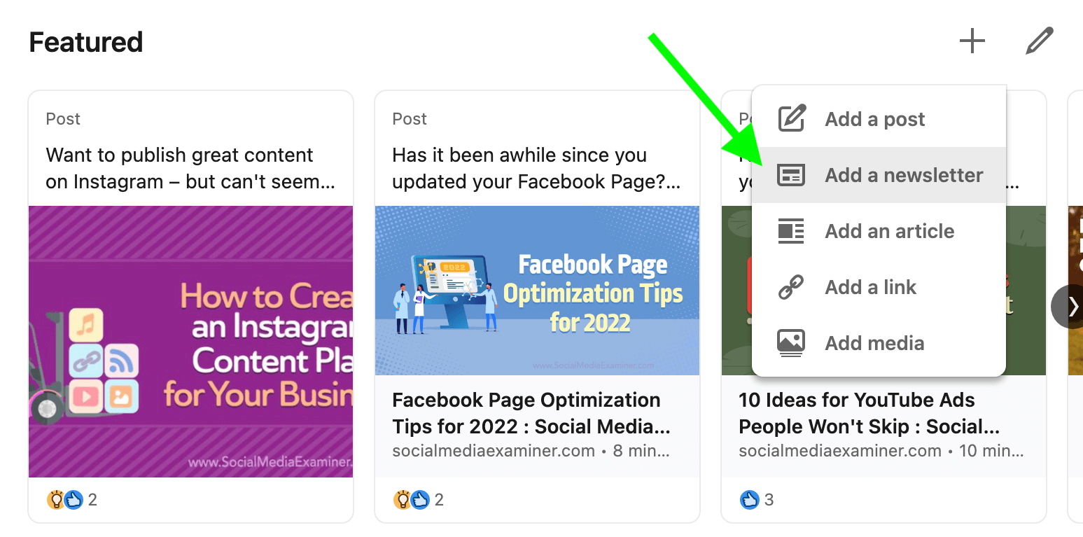 image of Add a Newsletter option for Featured section of LinkedIn profile