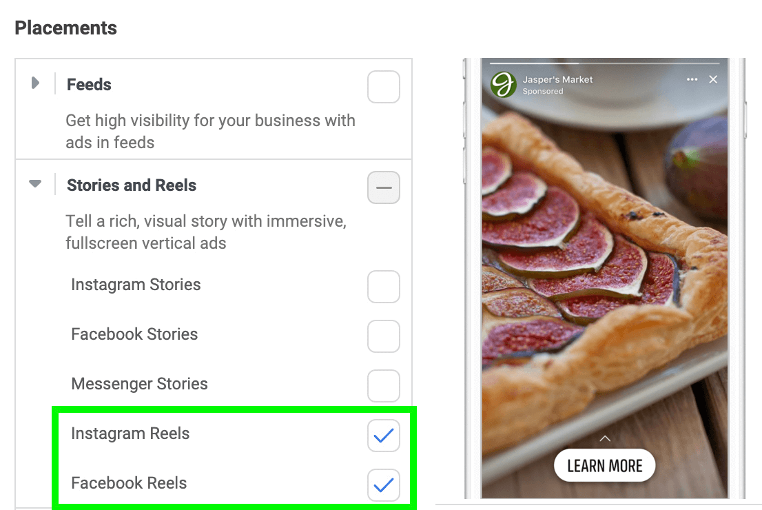 image of Stories and Reels ad placements in Meta Ads Manager