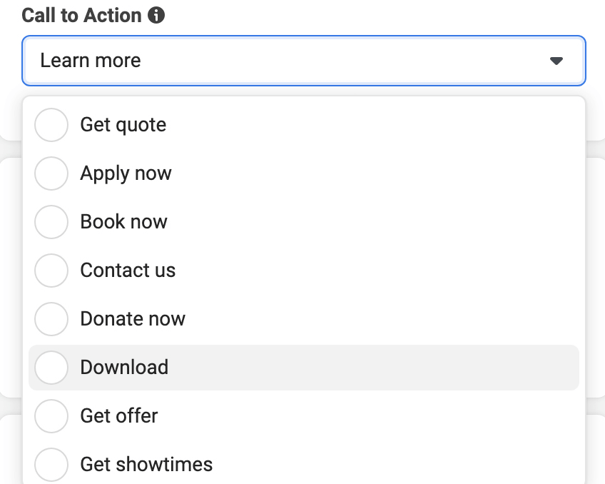 image of Call to Action button options in Meta Ads Manager