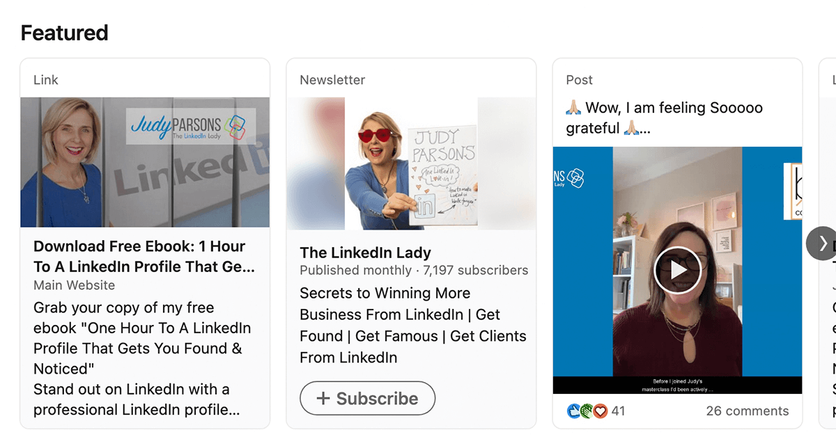 image of LinkedIn profile Featured section showing newsletter