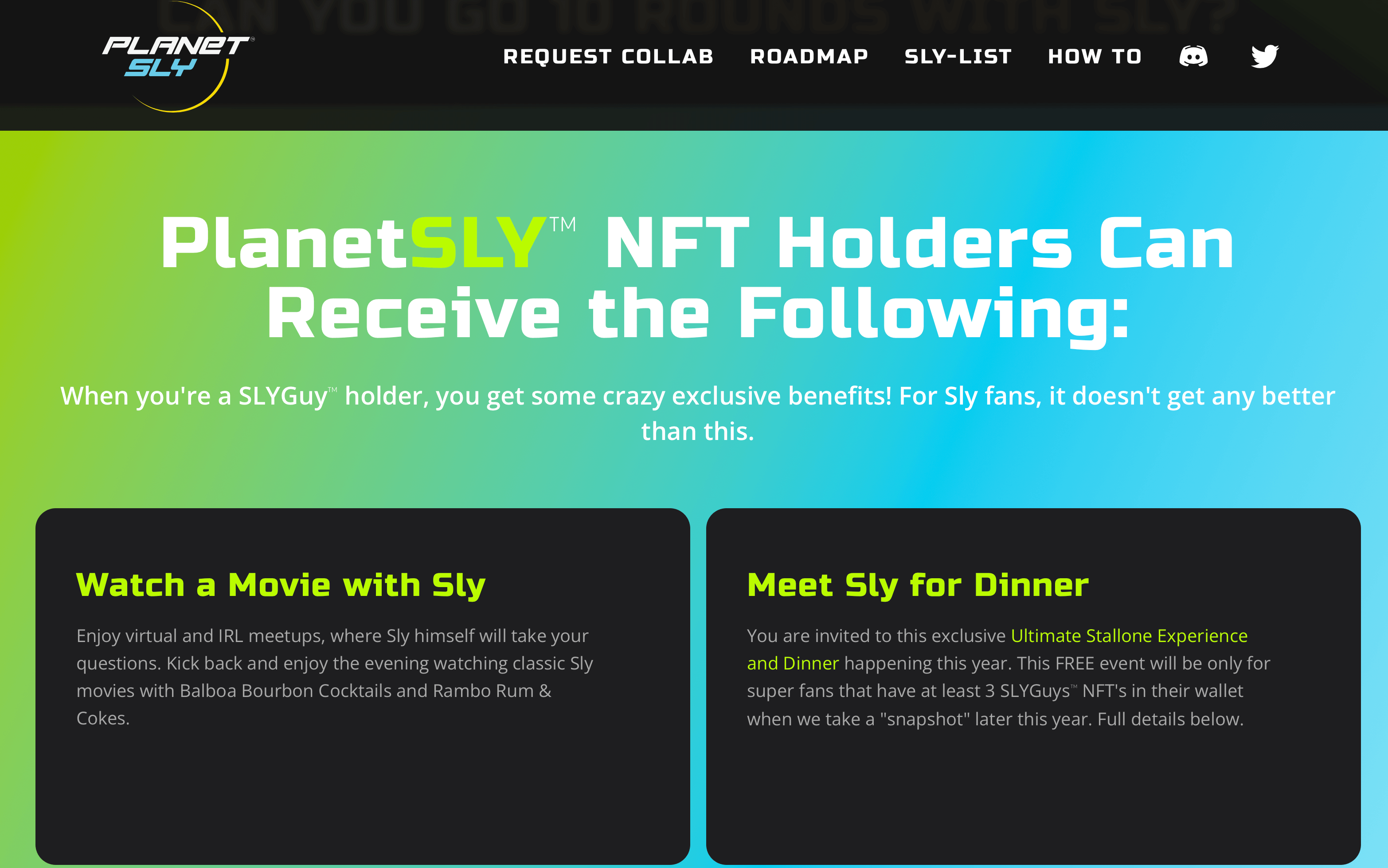 image of PlanetSly website explaining benefits for SLYGuy NFT holders