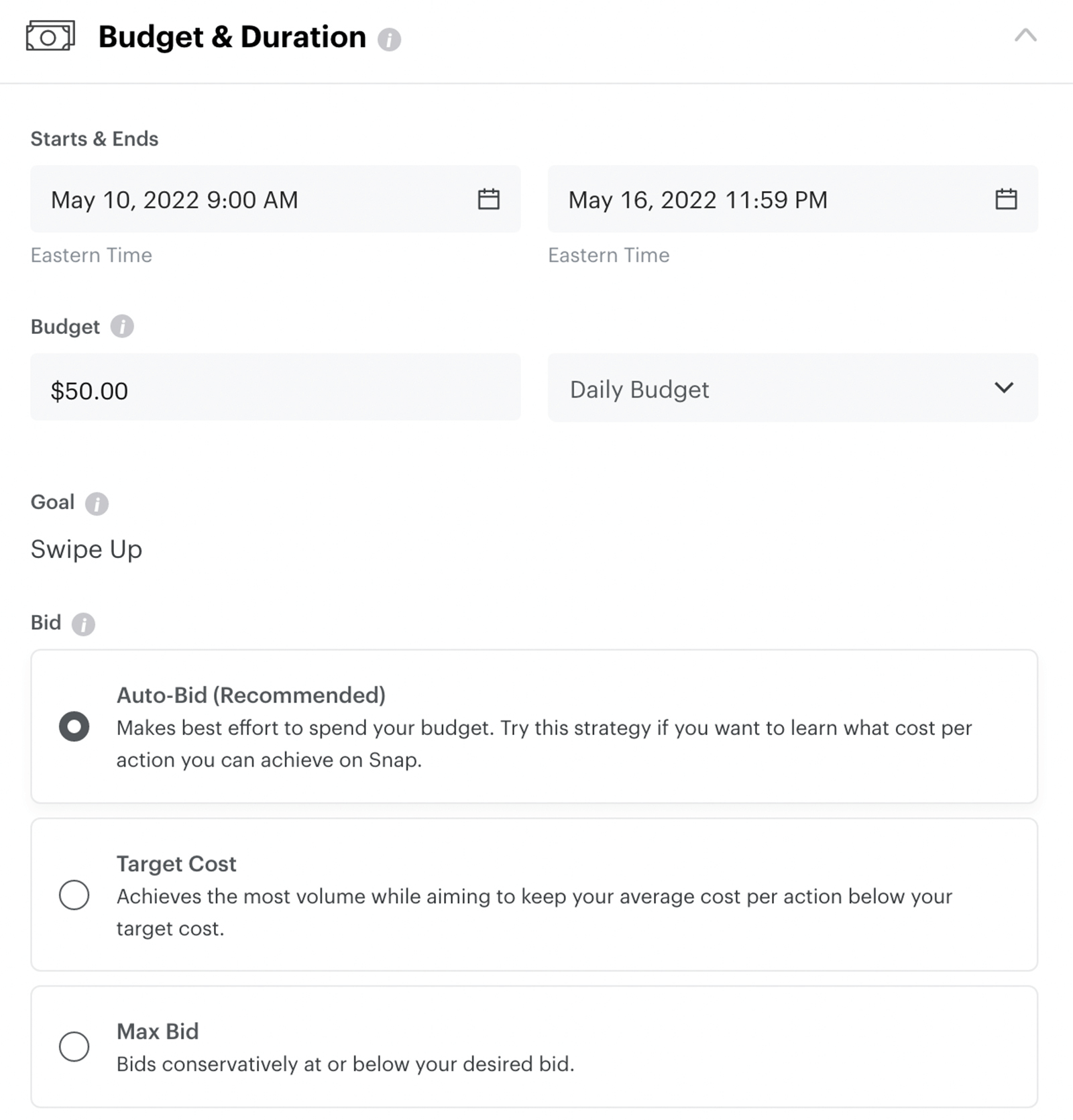 set budget and duration for Snapchat ad campaign