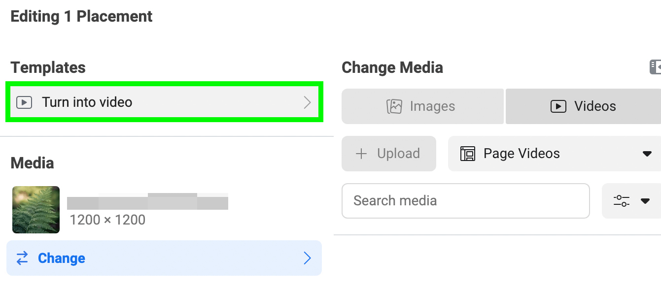 image of Turn Into Video template in Meta Ads Manager, step 1