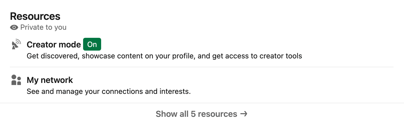image of LinkedIn Creator Mode enabled on personal profile