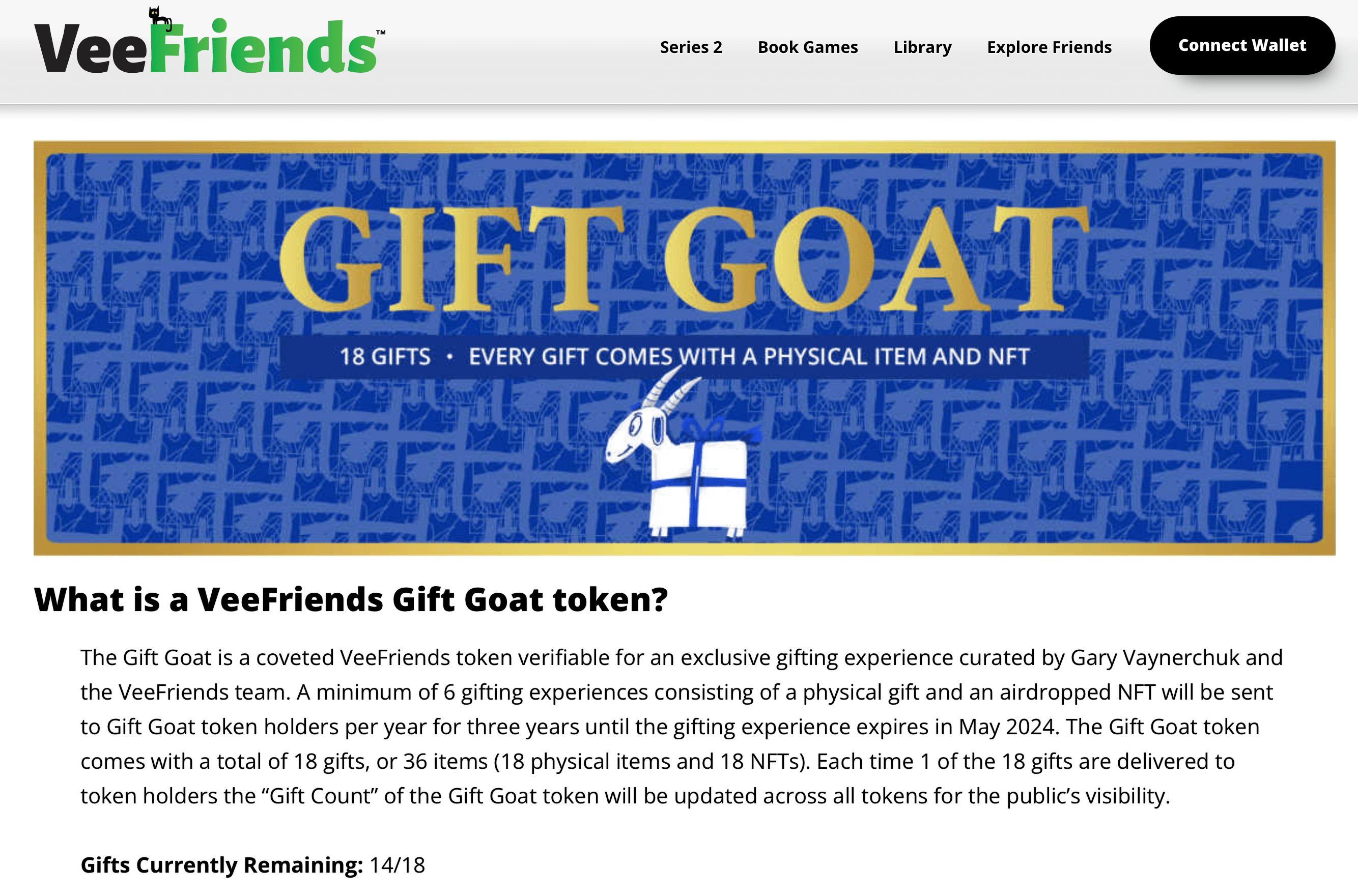 image of VeeFriends Gift Goat token benefits on VeeFriends website