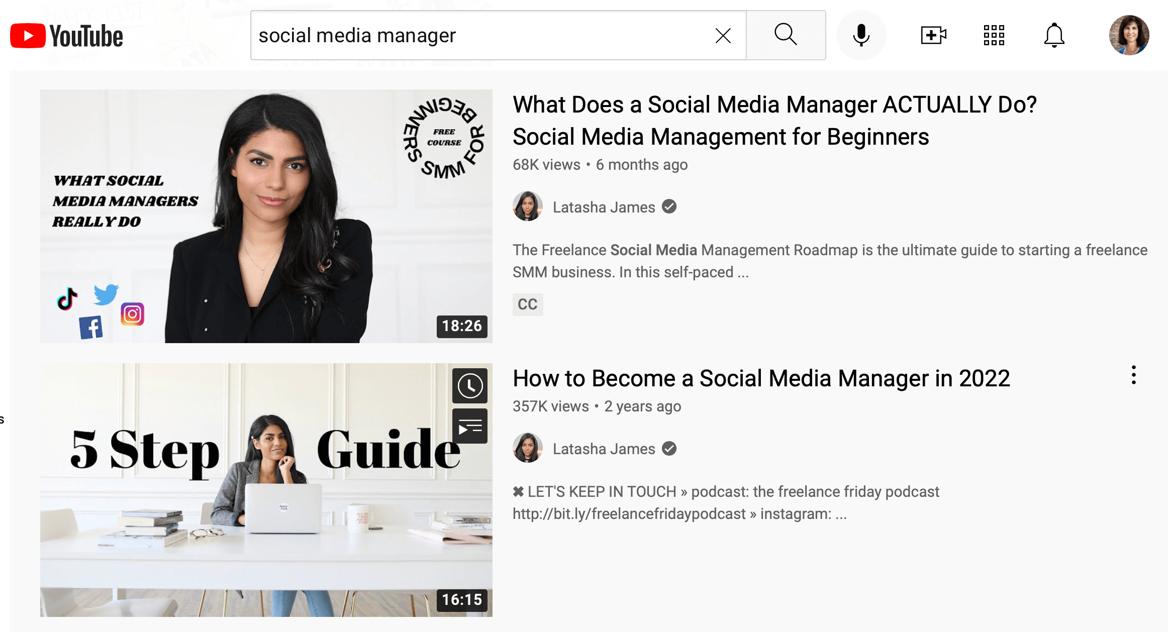 image of YouTube search results for "social media manager"