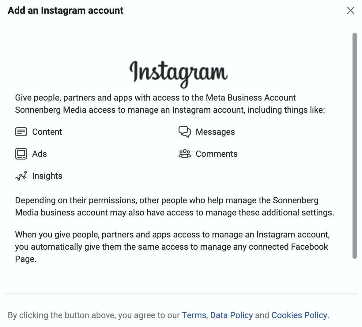image of Add an Instagram Account screen in Meta Business Manager