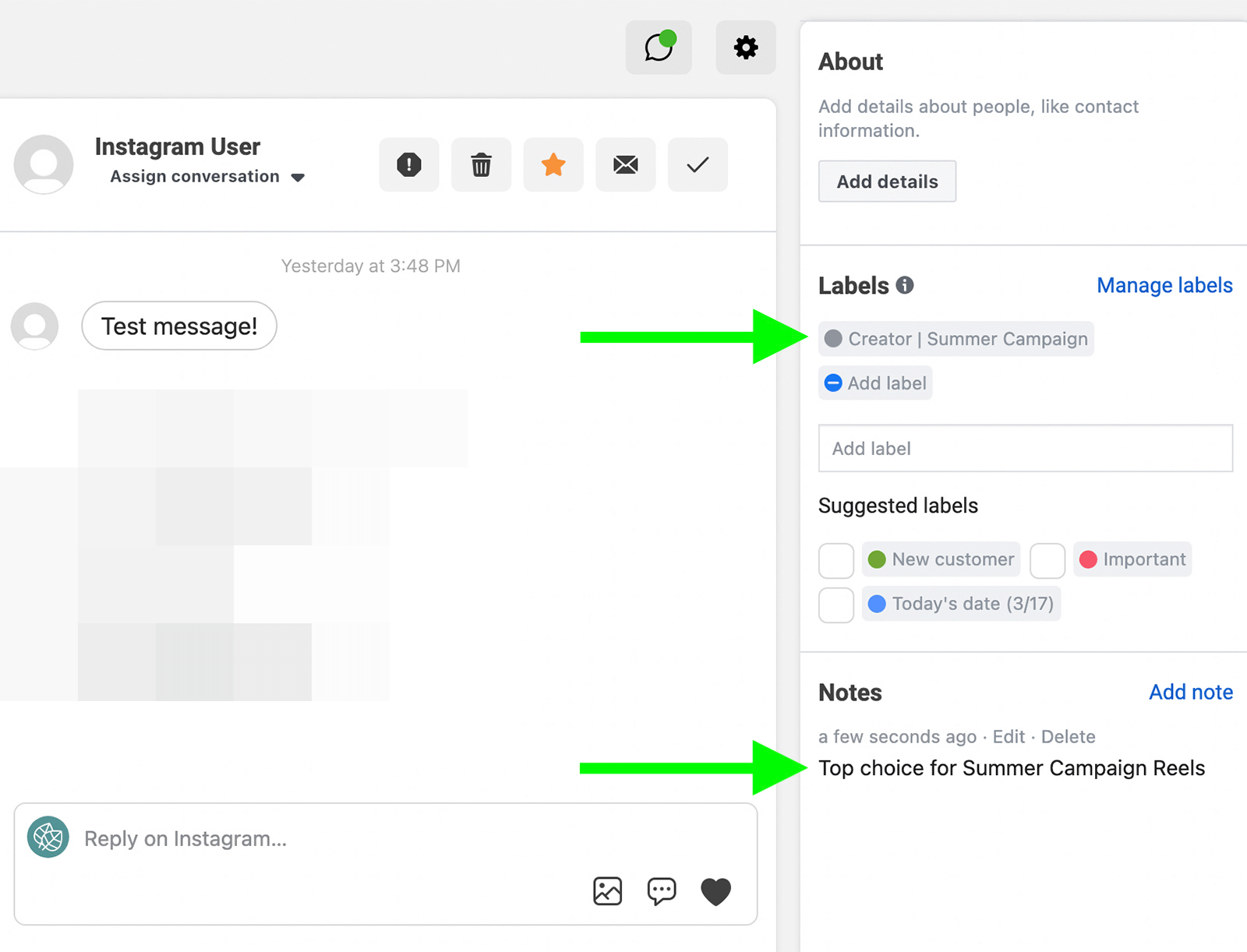 image of process for adding labels to Instagram DM conversations in Creator Studio