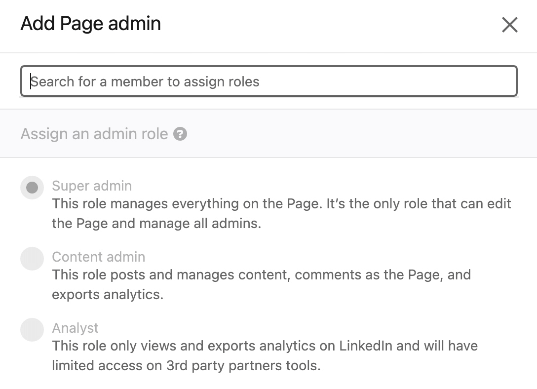 image of Add Page Admin dialog box on Linkedin