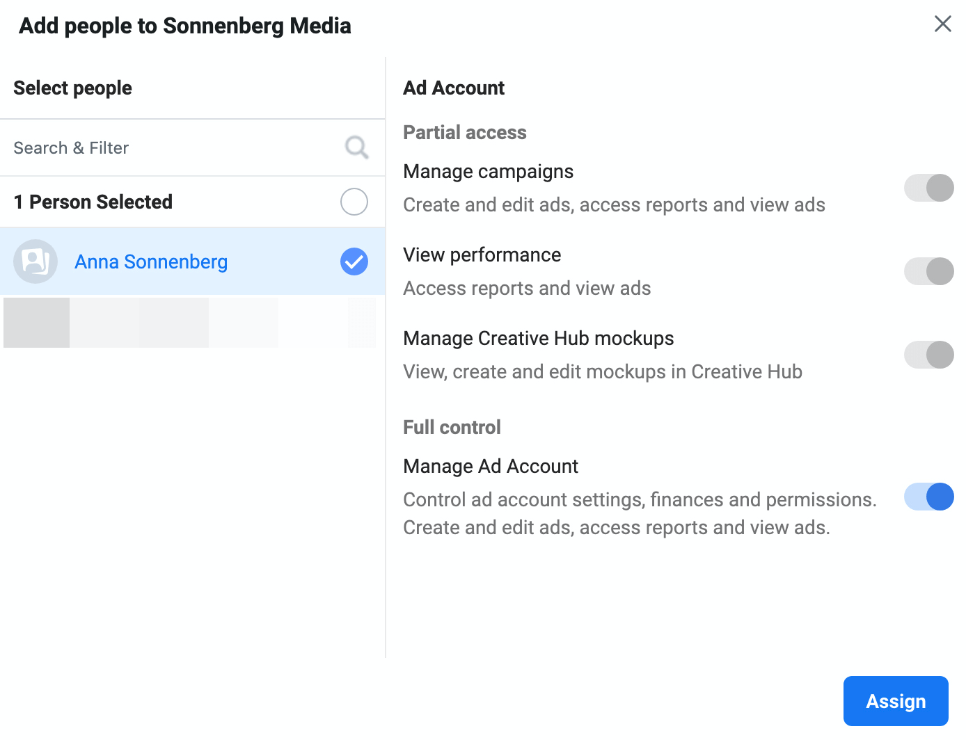 image of screen to manage access to ad account in Meta Business Manager