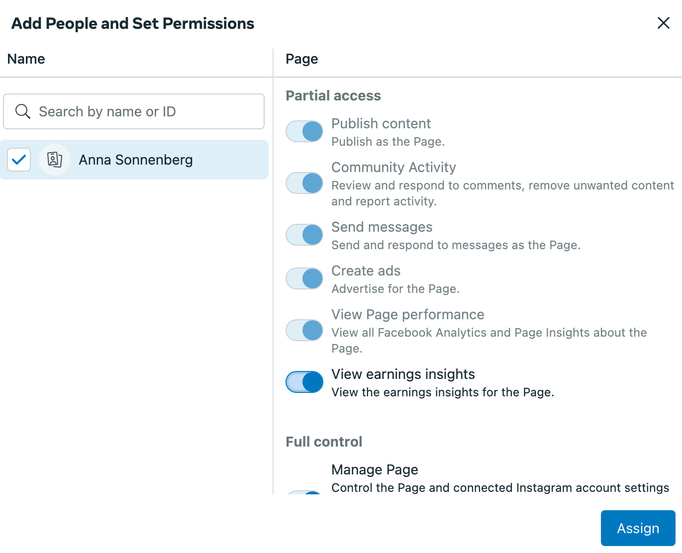 image of App People and Set Permissions screen in Meta Business Suite