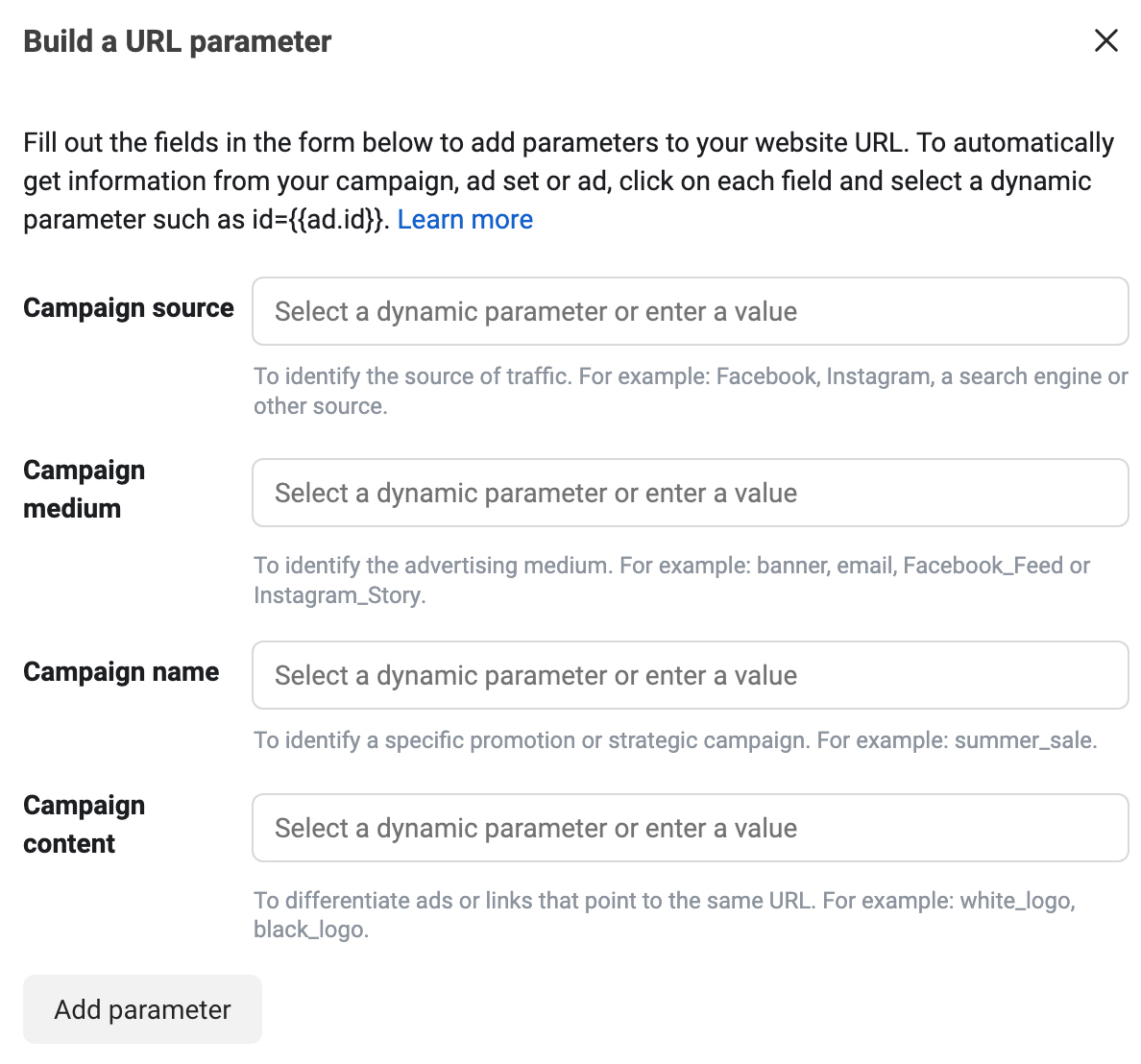 image of Build a URL Parameter box in Ads Manager