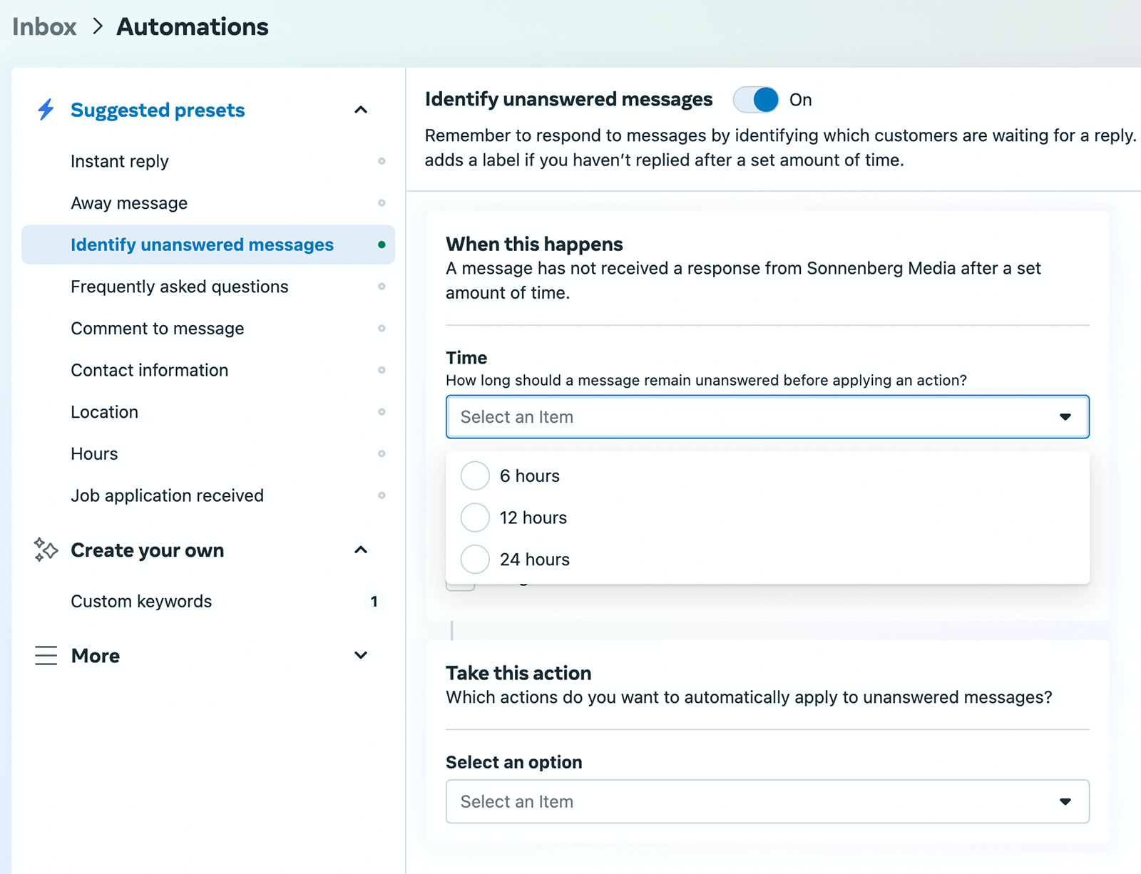 image of Identify Unanswered Messages setup screen in Meta Business Suite