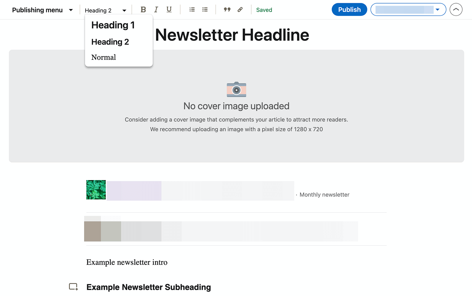 image of Heading drop-down menu on compose newsletter screen on LinkedIn
