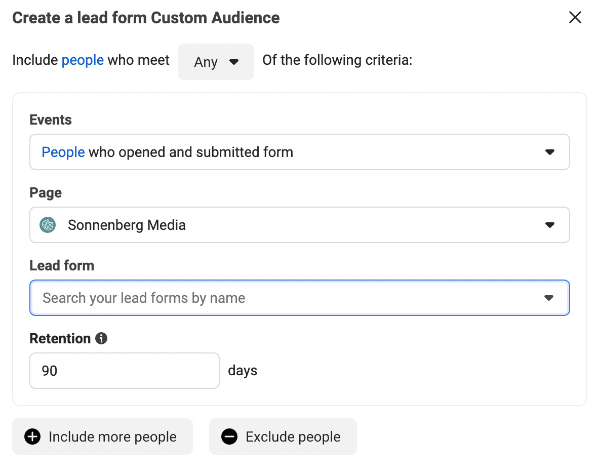 image of Create a Lead Form Custom Audience dialog box in Ads Manager - Facebook Ad Mistakes