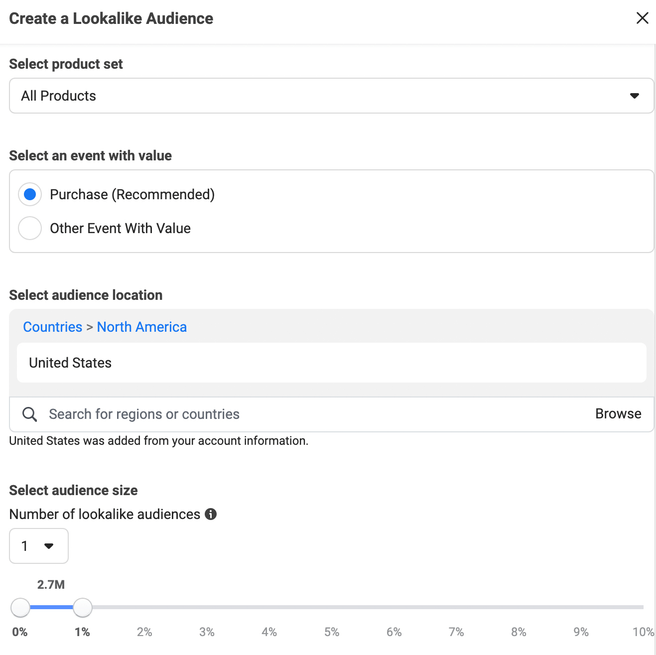 image of Create a Lookalike Audience dialog box for value-based lookalike audiences - Facebook Ad Mistakes