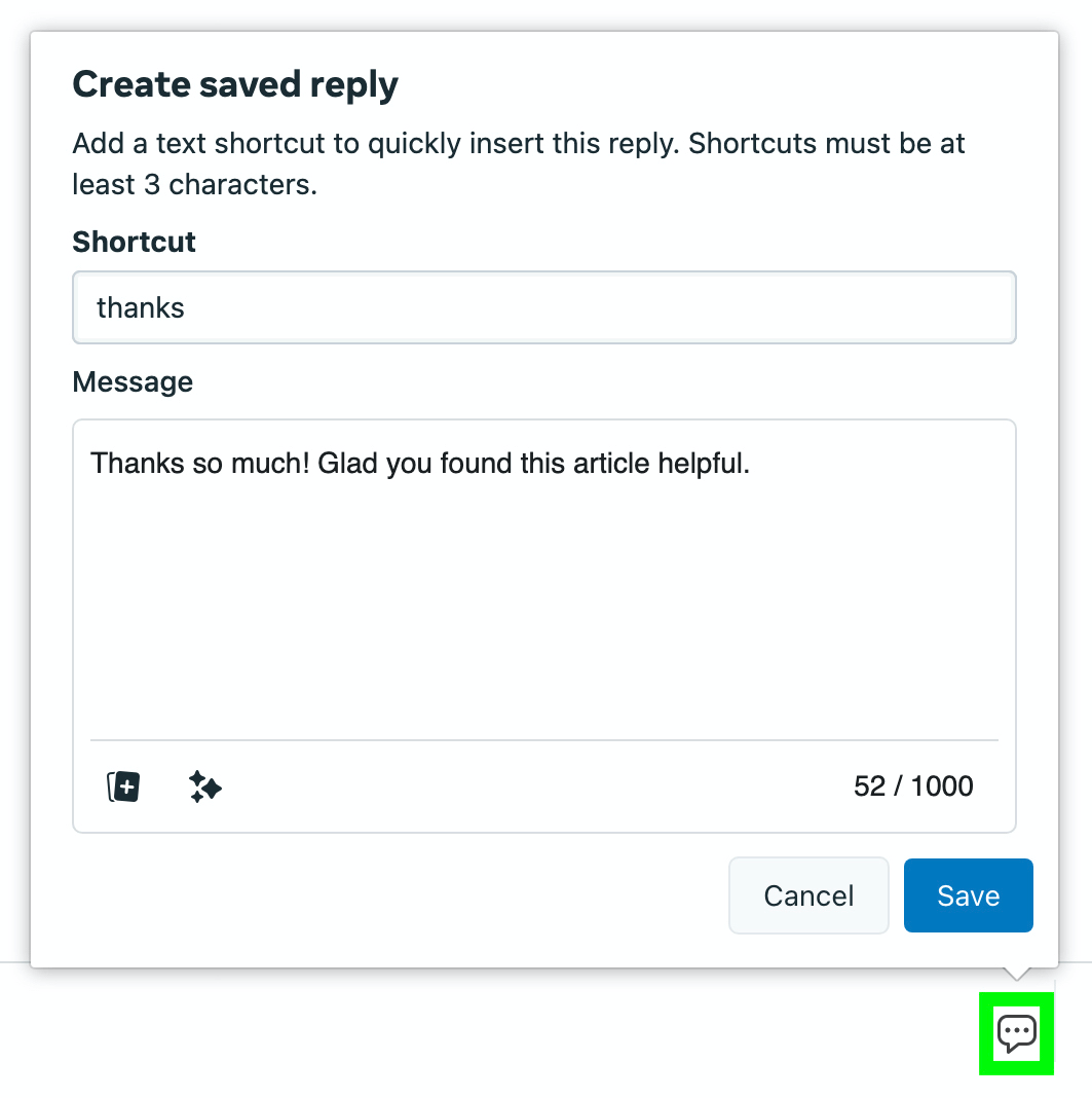 image of Create Saved Reply setup box