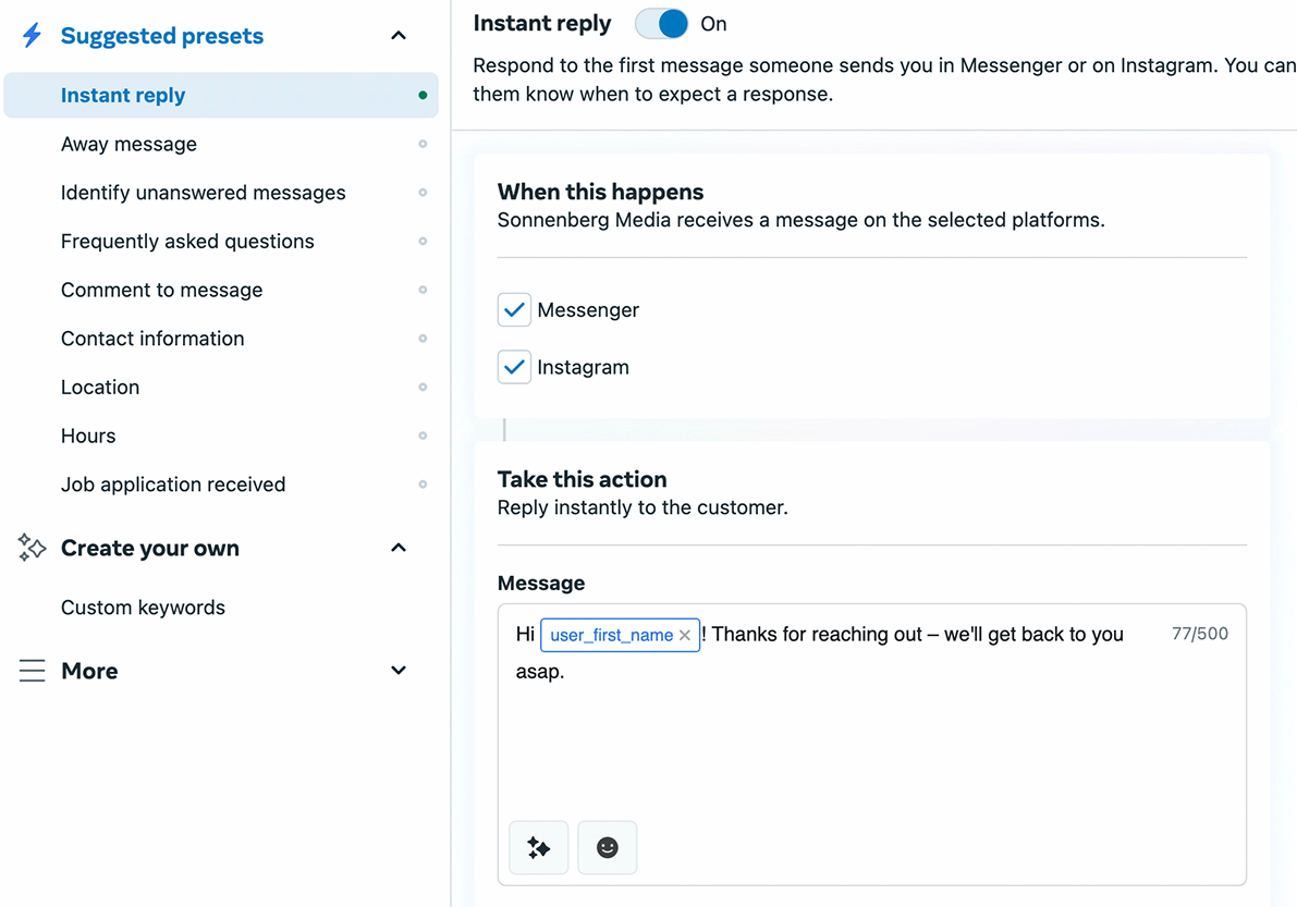 image of Instant Reply setup screen in Meta Business Manager