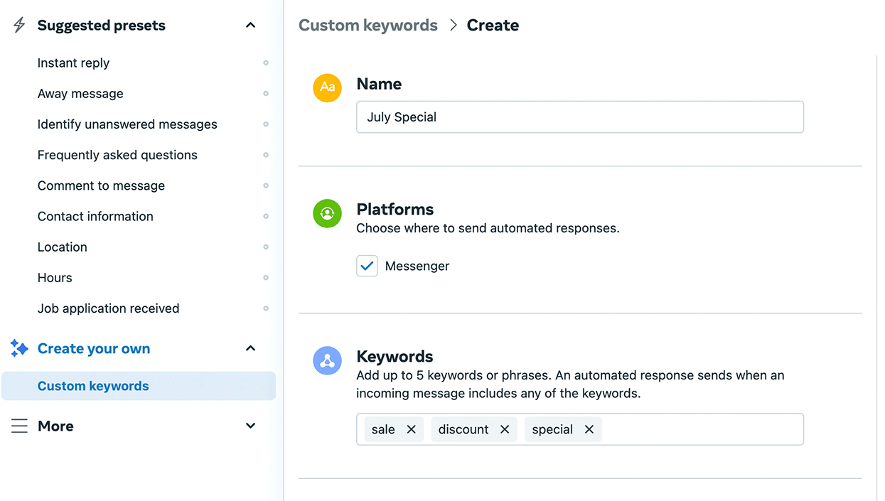 image of Custom Keywords setup screen in Meta Business Suite
