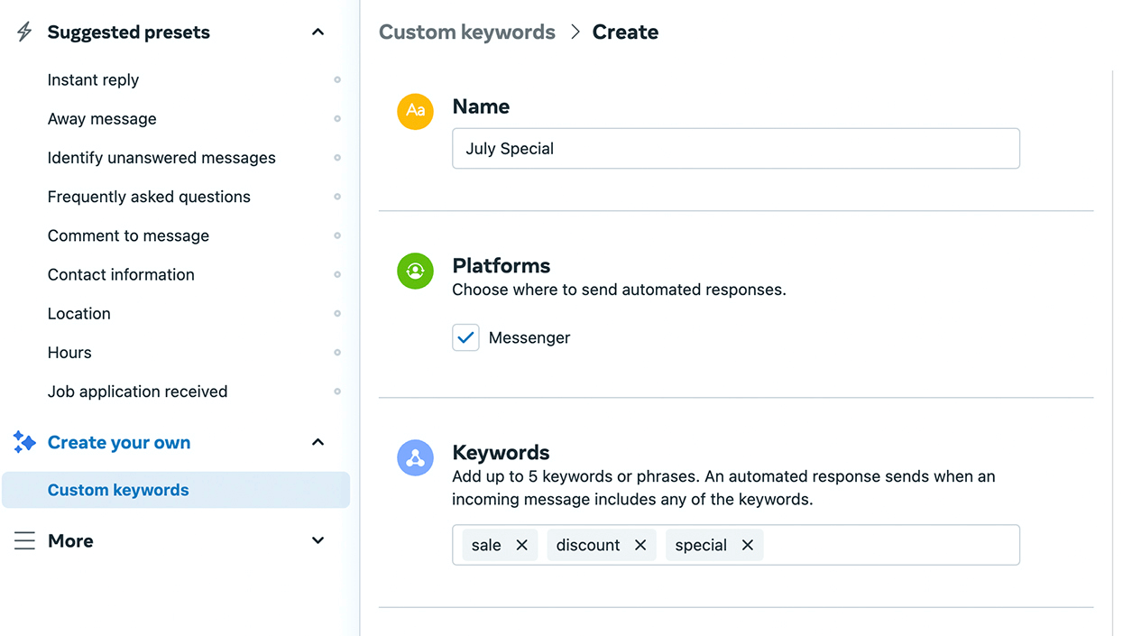 imagem da tela de configuração de palavras-chave personalizadas no Meta Business Suite