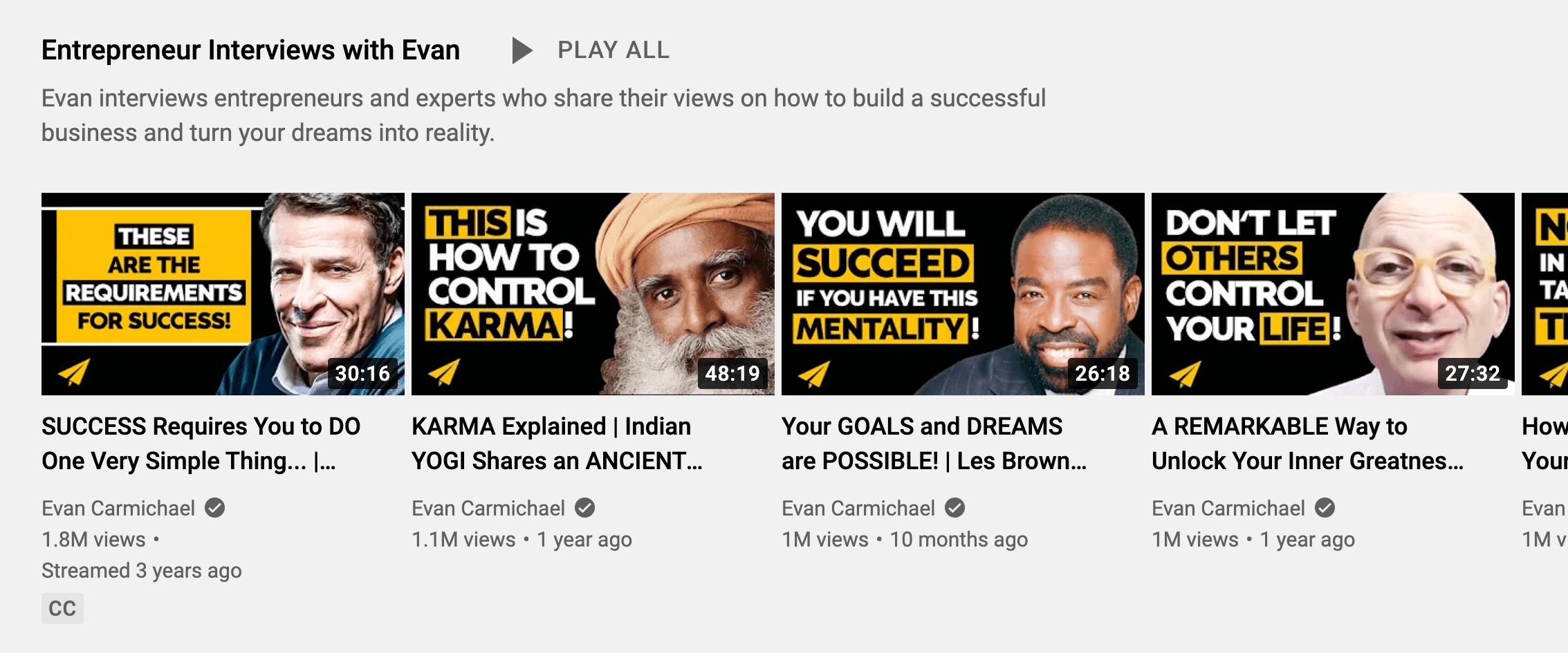 image of YouTube Entrepreneur Interviews With Evan playlist on Evan Carmichael YouTube channel