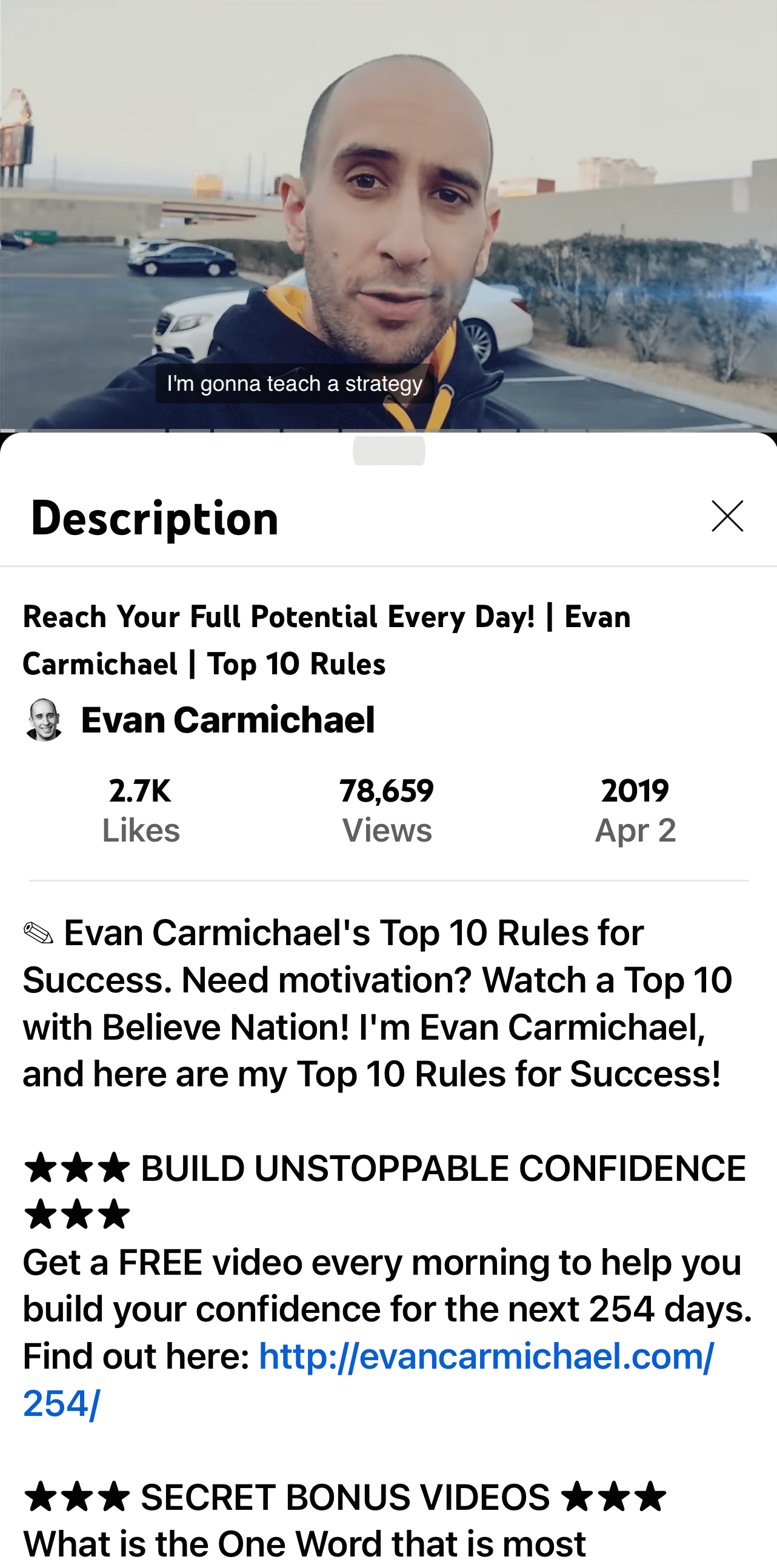 image of Evan Carmichael YouTube video and description on mobile app