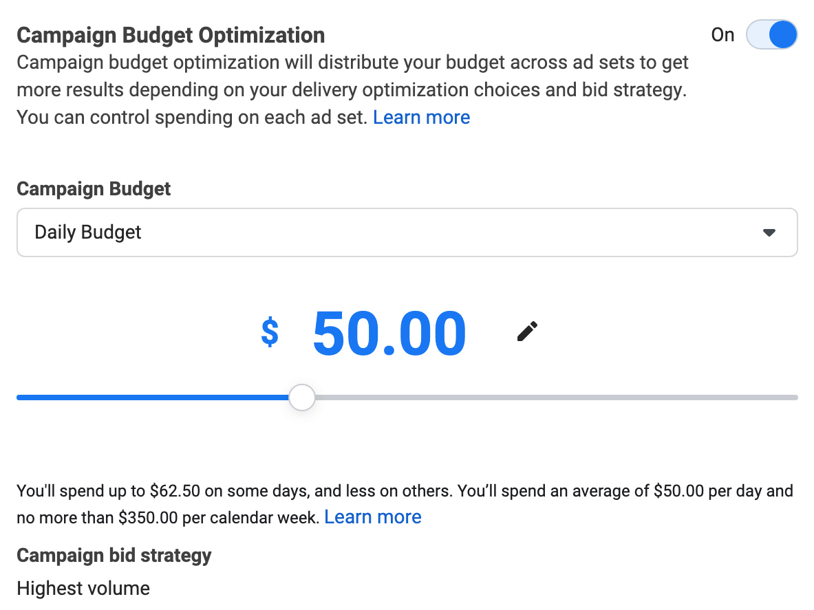 image of Campaign Budget Optimization section in Ads Manager
