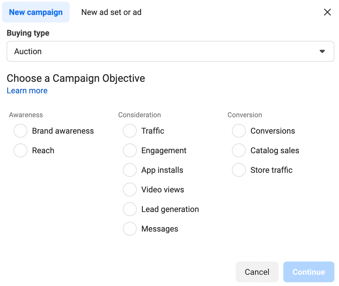 image of Facebook campaign objectives before introduction of ODAX