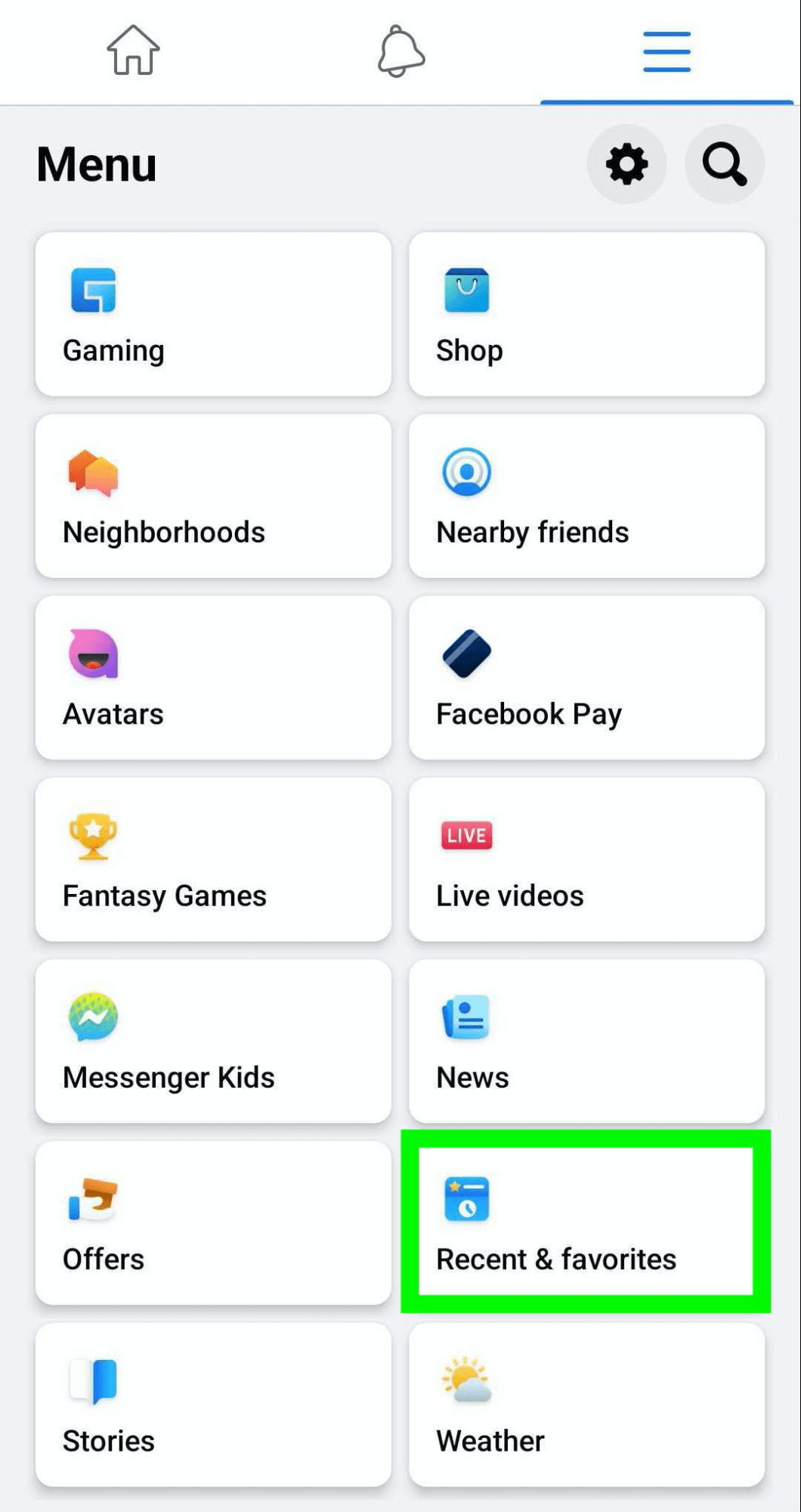 image of Facebook menu showing Recents & Favorites option